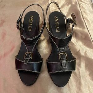 Anyi Lu Black Festive Leather Wedge Sandals, size 36 1/2-6 1/2